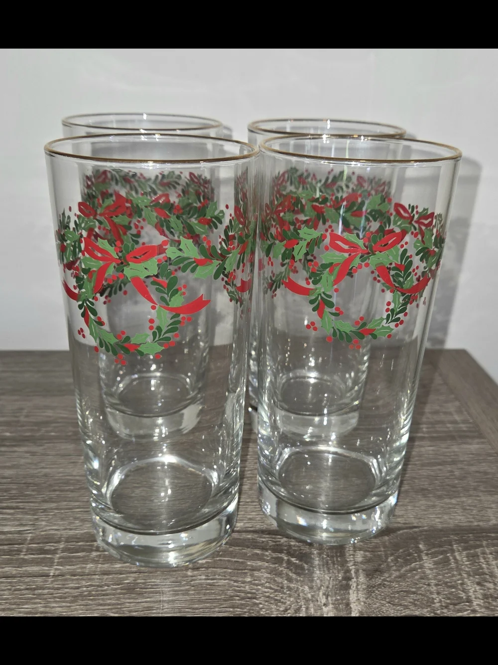 Set of 4 Vintage Libbey Irish Christmas Holly Wreath Ribbon Glasses Gold Trim SE
